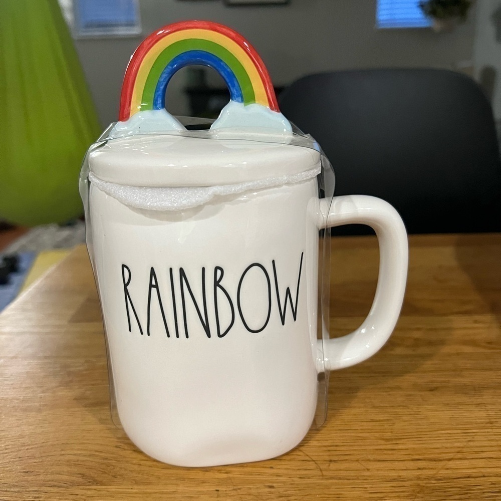 Rae Dunn Finely Glazed Ceramic Lidded Coffee Mug Inscribed Rainbow With Lid